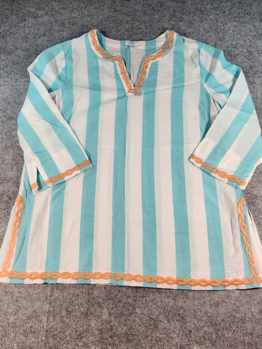 crown & ivy Aqua and White Striped Tunic with Orange Trim Size Large